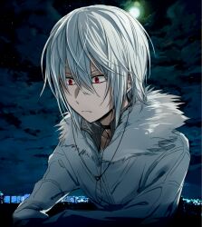 Rule 34 | 1boy, accelerator (toaru majutsu no index), anninn do fu, closed mouth, commentary request, electrodes, fur trim, hair between eyes, jacket, long sleeves, male focus, medium hair, moon, night, outdoors, partial commentary, red eyes, solo, star (sky), toaru majutsu no index, upper body, white hair, white jacket