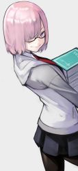 Rule 34 | 1girl, absurdres, black skirt, blush, book, book stack, carrying, fate/grand order, fate (series), glasses, grey background, grey jacket, hair over one eye, highres, hood, hood down, jacket, long sleeves, mash kyrielight, necktie, pantyhose, pink hair, pleated skirt, purple eyes, red necktie, semi-rimless eyewear, short hair, simple background, skirt, smile, solo, yoshio (55level)