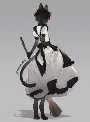 Rule 34 | 1girl, animal ears, animal feet, apron, artist name, back bow, black apron, black bow, black eyes, black gloves, black hair, bow, broom, buttons, cat ears, cat girl, cat tail, chinese commentary, clawed feet, commentary, dress, expressionless, frilled apron, frills, from behind, full body, furry, furry female, gloves, gradient background, grey background, highres, holding, holding broom, long dress, looking to the side, maid, no shoes, original, parted lips, petticoat, puffy short sleeves, puffy sleeves, shadow, short hair, short sleeves, simple background, skirt hold, solo, tail, white dress, white sleeves, yanmian (printemps-noir)