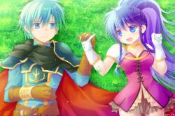 Rule 34 | 1boy, 1girl, :d, armor, black cape, blue eyes, blue hair, blue shirt, braid, breasts, brown gloves, cape, closed mouth, collarbone, commentary request, commission, dress, ephraim (fire emblem), eye contact, fire emblem, fire emblem: the sacred stones, gloves, hand up, hands up, high ponytail, highres, holding hands, interlocked fingers, long hair, looking at another, looking to the side, lying, medium breasts, nintendo, on back, on grass, open mouth, pauldrons, pixiv commission, ponytail, purple dress, purple hair, red cape, sasaki fumi, shirt, shoulder armor, smile, tana (fire emblem), twin braids, twitter username, very long hair, white gloves