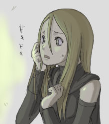 Rule 34 | 00s, 1girl, bare shoulders, blonde hair, cape, claymore (series), detached sleeves, grey eyes, long hair, lowres, non-web source, solo, sweat, tea (nakenashi), translated, yuma (claymore)