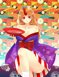 Rule 34 | 1girl, abstract background, bad id, bad pixiv id, bare shoulders, blonde hair, bow, breasts, cleavage, collarbone, cup, highres, horns, hoshiguma yuugi, hoshiguma yuugi (kimono), japanese clothes, kikumon, kimono, large breasts, light smile, liquid, long hair, looking at viewer, obi, off shoulder, open mouth, outline, red eyes, sakazuki, sash, single horn, sitting, sleeves past wrists, solo, touhou, wide sleeves, x&amp;x&amp;x