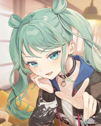 Rule 34 | 1girl, choker, coffee, commentary request, dot nose, drawstring, earrings, fingernails, green eyes, green hair, green nails, hand on own cheek, hand on own face, hands up, hatsune miku, highres, hood, hood down, hooded jacket, hoop earrings, indoors, jacket, jewelry, long hair, long sleeves, looking at viewer, lower teeth only, open mouth, pointing, pointing at viewer, project sekai, solo, teeth, twintails, upper body, vivid bad squad miku, vocaloid, vs0mr