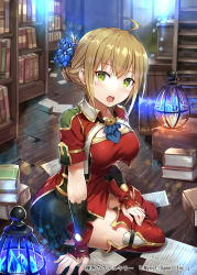 Rule 34 | 1girl, :o, ahoge, blonde hair, blue flower, blush, book, breasts, commentary request, crystal, dress, flower, full body, gabiran, glowing, green eyes, hair bun, hair flower, hair ornament, indoors, lamp, large breasts, library, looking at viewer, official art, on ground, red dress, red thighhighs, shinkai no valkyrie, single hair bun, sitting, solo, tagme, teeth, thighhighs, upper teeth only, wooden floor