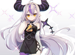 1girl ahoge black_dress contrapposto cowboy_shot demon_girl demon_horns demon_tail detached_sleeves dress grey_hair highres hololive horns la+_darknesss long_hair multicolored_hair nkgmgs o-ring pointy_ears purple_hair single_thighhigh solo sparkle streaked_hair striped_horns tail thighhighs very_long_hair virtual_youtuber yellow_eyes