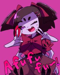Rule 34 | 1girl, bug, colored skin, extra arms, extra eyes, fang, arthropod girl, monster girl, muffet, puffy short sleeves, puffy sleeves, purple skin, short hair, short sleeves, short twintails, spider, spider girl, twintails, undertale, wink