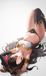 Rule 34 | 1girl, absurdres, armpits, black hair, breasts, detached sleeves, fate/grand order, fate (series), highres, ishtar (fate), lying, on back, red eyes, single detached sleeve, single thighhigh, small breasts, smile, solo, stirrup legwear, thighhighs, thighs, toeless legwear, white background