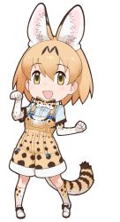 Rule 34 | 10s, 1girl, :d, adapted costume, animal ears, blonde hair, bow, bowtie, elbow gloves, extra ears, footwear bow, full body, gloves, hair between eyes, highres, kemono friends, kneehighs, looking at viewer, official art, open mouth, paw pose, serval (kemono friends), serval print, serval tail, shoes, short hair, short sleeves, simple background, smile, socks, solo, standing, tail, white background, yoshizaki mine
