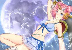 Rule 34 | 1girl, bandaged arm, bandaged leg, bandages, bikini, blue bikini, blue eyes, breasts, cleavage, dahadekan, detached sleeves, double bun, electricity, fang, fate/grand order, fate (series), frankenstein&#039;s monster (fate), frankenstein&#039;s monster (swimsuit saber) (second ascension) (fate), full moon, hair bun, hair ornament, hair over one eye, hairclip, horns, looking at viewer, moon, pink hair, short hair, single horn, solo, swimsuit