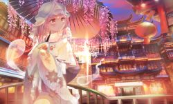 Rule 34 | 1girl, architecture, bad id, bad pixiv id, blue hat, blue kimono, blue sky, cloud, commentary, east asian architecture, floral print, flower, glint, hakugyokurou, hat, head tilt, highres, hitodama, holding, holding umbrella, japanese clothes, kimono, lantern, looking to the side, mob cap, obi, oil-paper umbrella, omodaka romu, outdoors, pink eyes, pink hair, railing, saigyouji yuyuko, sash, scenery, short hair, sky, sleeves past fingers, sleeves past wrists, smile, solo, standing, symbol-only commentary, touhou, triangular headpiece, twilight, umbrella, wisteria