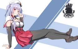 Rule 34 | 1girl, ajax (azur lane), azur lane, black pantyhose, breasts, brown footwear, capelet, chinese commentary, cleavage, commentary request, corset, crossed legs, detached sleeves, hat, highres, loafers, long hair, looking at viewer, medium breasts, medium hair, pantyhose, pleated skirt, purple hair, red eyes, red skirt, rosehip t72, shoes, sitting, skirt, smile, solo, two side up
