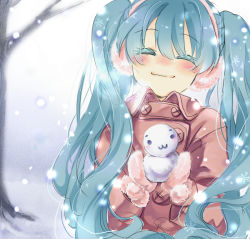 Rule 34 | 1girl, blue hair, blush, coat, earmuffs, closed eyes, female focus, hatsune miku, long hair, mittens, nature, outdoors, plant, sky, smile, snow, snowman, solo, twintails, vocaloid, winter, yuh