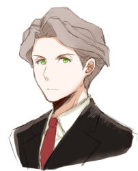 Rule 34 | andrew hanbridge, black jacket, brown hair, closed mouth, collared shirt, green eyes, hair intakes, jacket, lapels, little witch academia, necktie, notched lapels, red necktie, rmy-nh, shirt, simple background, split mouth, white background, yellow shirt