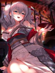 Rule 34 | 1girl, :d, adapted costume, anchor symbol, arm support, blue eyes, blush, breasts, collarbone, cup, earrings, frilled sleeves, frills, grey kimono, hair ribbon, holding, holding cup, indoors, japanese clothes, jewelry, kantai collection, kashima (kancolle), kimono, large breasts, long hair, looking at viewer, multicolored sky, obi, off shoulder, open mouth, orange sky, purple sky, ribbon, sash, sidelocks, silver hair, sitting, sky, smile, solo, sunset, tsurime, twintails, wavy hair, wide sleeves, yokozuwari, youmou usagi