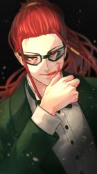 Rule 34 | 1boy, absurdres, bad id, bad pixiv id, black-framed eyewear, black background, blood, blood on face, bow, bowtie, formal, green suit, hair tubes, hand up, highres, licking lips, long hair, looking at viewer, male focus, murujimu, original, ponytail, red eyes, red hair, solo, suit, tongue, tongue out, tuxedo, yandere