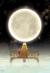 Rule 34 | 1girl, bench, blonde hair, doll, from behind, full moon, highres, kami nomi zo shiru sekai, kujou tsukiyo, long hair, luna (kaminomi), moon, moonlight, von-cx, voncx-wolf