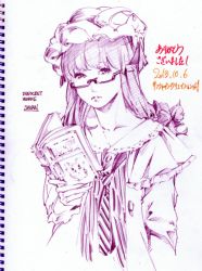 Rule 34 | 1girl, 2013, artist name, bad id, bad pixiv id, bespectacled, book, bow, crescent, dated, glasses, hat, looking at viewer, monochrome, necktie, patchouli knowledge, purple hair, ribbon, savan, sketch, solo, thank you, touhou