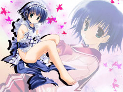 Rule 34 | 00s, 1girl, bare shoulders, barefoot, between legs, blue hair, blush, bow, bowtie, detached sleeves, frills, green eyes, hand between legs, leaf, long sleeves, looking at viewer, maid headdress, school uniform, short hair, smile, solo, thighs, to heart (series), to heart 2, tonami yuma