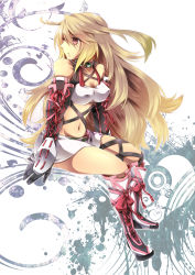 Rule 34 | 1girl, absurdres, blonde hair, boots, breasts, choker, covered erect nipples, highres, knee boots, long hair, medium breasts, midriff, milla maxwell, navel, red eyes, skirt, solo, takamiya ren, tales of (series), tales of xillia, very long hair