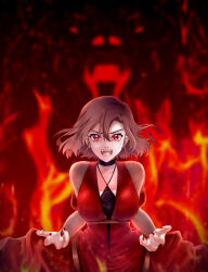 Rule 34 | 1girl, absurdres, bear, black choker, blurry, blurry background, breasts, brown hair, choker, claw pose, collarbone, dress, embers, evillious nendaiki, eyelashes, fangs, fiery background, fingernails, fire, floating hair, glowing, glowing eyes, glowing mouth, hair between eyes, highres, large breasts, long fingernails, long sleeves, majo salmhofer no toubou (vocaloid), meiko (vocaloid), meta salmhofer, moonlit bear (vocaloid), red dress, red eyes, red nails, saliva, see-through, see-through sleeves, sharp fingernails, sharp teeth, short hair, slit pupils, solo, teeth, vocaloid, yuichiromii