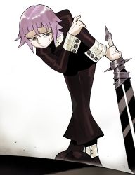 Rule 34 | 1other, absurdres, black footwear, crona (soul eater), crying, hair between eyes, highres, holding, holding sword, holding weapon, purple eyes, purple hair, ragnarok (demon sword), short hair, solo, soul eater, spikes, standing, sword, tears, toot, weapon, wrist cuffs