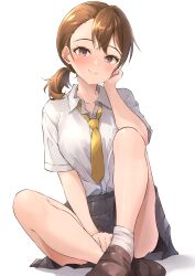 Rule 34 | 1girl, absurdres, b1ack illust, bare legs, black skirt, blush, breasts, brown hair, futami ami, hand on own cheek, hand on own face, highres, idolmaster, idolmaster million live!, knees up, looking at viewer, medium breasts, necktie, official alternate hairstyle, shirt, short sleeves, side ponytail, simple background, sitting, skirt, smile, solo, white background, white shirt, yellow necktie