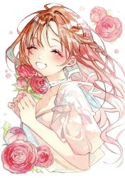 Rule 34 | 1girl, ^ ^, braid, breasts, brown hair, choker, cleavage, closed eyes, collarbone, cropped torso, dot nose, eyelashes, fingernails, floating hair, flower, french braid, frilled sleeves, frills, happy, highres, holding, holding flower, laughing, leaf, light blush, long hair, marker (medium), nail polish, nidozuke, original, painting (medium), parted bangs, pink nails, ranunculus, red flower, red theme, ribbon, ribbon choker, simple background, small breasts, solo, traditional media, upper body, very long hair, watercolor (medium), white background, white choker, white ribbon, wide sleeves