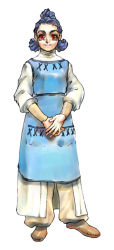 Rule 34 | 1girl, apron, azure dreams, baggy pants, blue apron, blue hair, brown footwear, full body, konami, leather footwear, light smile, long sleeves, looking at viewer, mature female, moccasins, official art, other life: azure dreams, own hands together, pants, red eyes, simple background, solo, standing, thick eyebrows, white background, wreath (azure dreams)