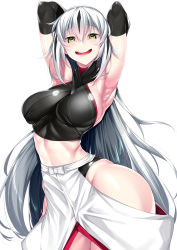 Rule 34 | 1girl, :d, absurdres, armpits, arms behind head, black hair, criss-cross halter, elbow gloves, fate/grand order, fate (series), gloves, halterneck, highres, hip vent, japanese clothes, long hair, midriff, multicolored hair, nagao kagetora (fate), open mouth, simple background, smile, solo, two-tone hair, very long hair, watosu (watosu mama), white background, white hair, yellow eyes