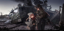 Rule 34 | 4girls, angry, animal ears, bad id, bad pixiv id, beanie, black gloves, black hair, brown eyes, brown gloves, brown hair, car crash, closed eyes, dog tags, fire extinguisher, gloves, haguruma c, hat, highres, jacket, long hair, military, military truck, military vehicle, motor vehicle, multiple girls, off shoulder, open clothes, open jacket, original, pointing, shirt tug, smoke, tail, tool belt, truck, vehicle request