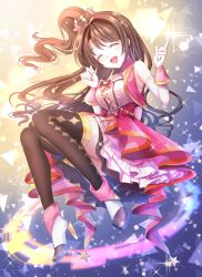 Rule 34 | 1girl, absurdly long hair, black thighhighs, blush, bow, bowtie, breasts, brown hair, closed eyes, facing viewer, high heels, idolmaster, idolmaster cinderella girls, large breasts, long hair, looking at viewer, open mouth, saltycaramel, shimamura uzuki, smile, solo, striped bow, striped bowtie, striped clothes, thighhighs, very long hair