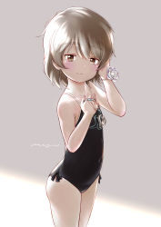 Rule 34 | 1girl, black one-piece swimsuit, blush, brown eyes, commentary request, competition school swimsuit, covered navel, goggles, unworn goggles, hatoba tsugu, hatoba tsugu, highres, holding, holding goggles, looking at viewer, mayafufu, mole, mole under eye, one-piece swimsuit, school swimsuit, simple background, smile, solo, swimsuit, virtual youtuber, wrist flower