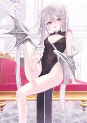 Rule 34 | absurdres, angel wings, bare legs, barefoot, bat wings, breasts, chain, chinese clothes, clothing cutout, demon, demon girl, earrings, grey hair, highres, jewelry, leash, murur (matsumikoru), original, picture frame, small breasts, thighs, tongue, tongue out, twintails, wings