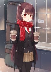 Rule 34 | 1girl, arm behind back, arm up, bad id, bad pixiv id, belt, black gloves, black pantyhose, blazer, blunt bangs, blush, breasts, breath, brown hair, brown skirt, buckle, cafe, canape (canape0130), coat, cup, eyes visible through hair, girls&#039; frontline, gloves, hair ornament, hair ribbon, half updo, heavy breathing, highres, holding, jacket, leaning forward, long hair, looking at viewer, necktie, night, night sky, offering drink, official alternate costume, one side up, open clothes, open coat, open mouth, open sign, outdoors, pantyhose, pinky out, pleated skirt, red eyes, red necktie, red scarf, ribbon, scarf, side ponytail, skirt, sky, small breasts, snow, snow on head, snowflake hair ornament, snowflake print, snowing, solo, sparkle, standing, sweatdrop, tsundere, tsurime, very long hair, wa2000 (date in the snow) (girls&#039; frontline), wa2000 (girls&#039; frontline), weapon bag, white gloves, window