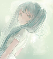 Rule 34 | 1girl, arms at sides, backlighting, blunt bangs, clothes writing, commentary, dress, dutch angle, expressionless, eyelashes, green background, green eyes, green hair, green theme, grey dress, hair over shoulder, hatsune miku, highres, light particles, long hair, looking at viewer, looking back, looking down, mizutame tori, pale color, parted lips, short sleeves, sidelocks, signature, simple background, solo, straight hair, symbol-only commentary, twintails, upper body, very long hair, vocaloid