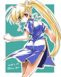 Rule 34 | 1girl, aged up, alternate hairstyle, ass, blonde hair, blue dress, china dress, chinese clothes, closed mouth, cowboy shot, dated, dress, from behind, green background, green eyes, hair bun, heterochromia, long hair, looking at viewer, looking back, lyrical nanoha, mahou shoujo lyrical nanoha vivid, no panties, outside border, red eyes, san-pon, short sleeves, side ponytail, side slit, single hair bun, smile, solo, standing, twitter username, very long hair, vivio