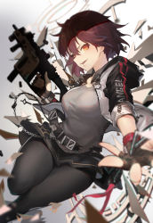 Rule 34 | 1girl, absurdres, arknights, black gloves, black jacket, black pantyhose, black skirt, chinese commentary, commentary request, debris, exusiai (arknights), fingerless gloves, foreshortening, gloves, grey background, grey shirt, gun, halo, highres, holding, holding gun, holding weapon, jacket, kami otona, kriss vector, looking at viewer, orange eyes, pantyhose, parted lips, reaching, reaching towards viewer, red hair, shirt, short hair, skirt, sleeves rolled up, smirk, solo, submachine gun, weapon, white jacket