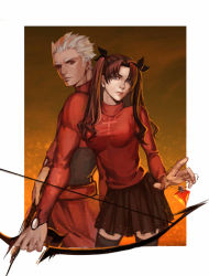 Rule 34 | 1boy, 1girl, archer (fate), arrow (projectile), bow (weapon), breasts, brown hair, danial, dark skin, dark-skinned male, fate/stay night, fate (series), highres, jewelry, large breasts, necklace, tohsaka rin, two side up, weapon, white hair