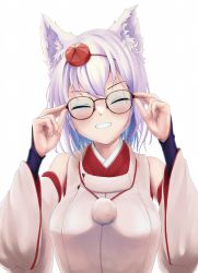 Rule 34 | 1girl, absurdres, adjusting eyewear, animal ears, bare shoulders, bespectacled, blush, breasts, detached sleeves, closed eyes, glasses, grin, hat, head tilt, highres, inubashiri momiji, large breasts, pom pom (clothes), risiyun, short hair, silver hair, simple background, smile, solo, teeth, tokin hat, tongue, touhou, upper body, white background, wolf ears