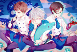 Rule 34 | 3boys, :q, ahoge, anchor symbol, annoyed, aohitsugi samatoki, apron, black pants, blue apron, blue background, blue jacket, blue neckwear, blue theme, blueberry, brown hair, busujima rio mason, buttons, checkered background, cheese, chef, commentary, cookie cutter, earrings, eating, feet out of frame, food, fruit, glasses, gloves, green eyes, hitokoto, holding, holding food, holding stuffed toy, hypnosis mic, iruma jyuto, jacket, jewelry, long sleeves, looking down, looking to the side, lower teeth only, mad trigger crew, male focus, multiple boys, necktie, open mouth, pants, rectangular eyewear, red eyes, red gloves, rolling pin, semi-rimless eyewear, shirt, short hair, silver hair, sitting, stud earrings, stuffed animal, stuffed dolphin, stuffed toy, teeth, tongue, tongue out, waist apron, whisk, white shirt
