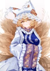 1girl animal_ear_headwear blonde_hair blue_tabard blush bob_cut dress fake_animal_ears fox_tail hat highres lace lace-trimmed_dress lace-trimmed_headwear lace_trim looking_at_viewer multiple_tails sarasadou_dan short_hair simple_background smile solo tabard tail touhou white_background white_dress white_hat yakumo_ran yellow_eyes