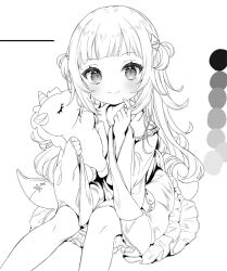Rule 34 | 1girl, blush, closed mouth, dress, gawr gura, hairpin, hololive, hololive english, long hair, long sleeves, looking at viewer, monochrome, multiple hairpins, short twintails, sitting, smile, solo, stuffed animal, stuffed toy, twintails, virtual youtuber, wide sleeves, yazawa oke