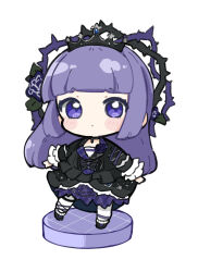 Rule 34 | 1girl, aikatsu!, aikatsu! (series), black dress, black footwear, blush stickers, chibi, closed mouth, commentary request, dress, flower, full body, highres, hikami sumire, long hair, long sleeves, looking at viewer, nozo (hitomiz), plaid, plaid skirt, purple eyes, purple flower, purple hair, purple rose, purple skirt, rose, shoes, simple background, skirt, solo, standing, standing on one leg, thorns, tiara, very long hair, white background