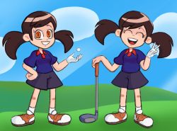 Rule 34 | 1girl, :d, ^ ^, ball, blue background, blue sky, brown hair, closed eyes, cloud, collared shirt, day, full body, gloves, golf ball, golf club, golf course, grin, hand on own hip, happy, holding, mario (series), mario golf, multiple views, nintendo, open mouth, orange eyes, outdoors, plum (nintendo), polo shirt, purple shirt, purple shorts, roxlyn166, shirt, shoes, short shorts, short sleeves, shorts, single glove, sky, smile, socks, standing, teeth, twintails, upper teeth only, v, white gloves, white legwear