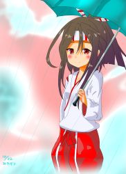 Rule 34 | 1girl, absurdres, artist name, artist request, black hair, blue sky, blush, cloud, dated, day, drawstring, female focus, hair ornament, hand up, headband, highres, kantai collection, long sleeves, looking at viewer, mikagetsu, outdoors, ponytail, rain, red eyes, red shorts, shorts, simple background, sky, smile, solo, standing, text focus, translated, umbrella, zuihou (kancolle)