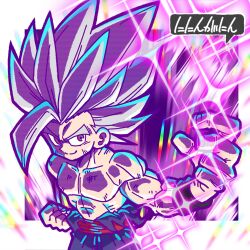 Rule 34 | 1boy, artist name, aura, beer oekaki, black wristband, border, clenched hand, commentary, dragon ball, dragon ball super, dragon ball super super hero, gohan beast, grey hair, highres, looking to the side, male focus, muscular, muscular male, red eyes, scratches, single bang, smile, solo, son gohan, sparkle, spiked hair, topless male, torn clothes, white border
