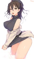 Rule 34 | 1girl, artist name, bare shoulders, belt, beret, black belt, black hair, black sweater, breasts, clothes tug, coat, covered erect nipples, curly hair, earrings, hair between eyes, hat, highres, idolmaster, idolmaster cinderella girls, jewelry, large breasts, looking at viewer, mole, mole under eye, mukka, off shoulder, open mouth, panties, partially submerged, ribbed sweater, sharp teeth, sleeveless, sleeveless sweater, sunazuka akira, sweater, sweater tug, teeth, thick thighs, thighs, trench coat, twintails, underwear, wading, wet, wet clothes, white panties, yellow eyes