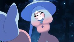 Rule 34 | 1girl, absurdly long hair, black sclera, blue hair, blue hat, blush, closed mouth, colored sclera, creatures (company), female focus, forest, game freak, gen 8 pokemon, gradient hair, grapeanime, half-closed eyes, happy, hat, hatterene, head tilt, highres, light particles, long hair, looking at viewer, multicolored hair, nature, nintendo, outdoors, parted bangs, pink hair, pokemon, pokemon (creature), reaching, reaching towards viewer, sidelocks, smile, solo, split mouth, standing, tree, two-tone hair, very long hair, white eyes, witch hat
