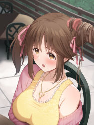 Rule 34 | 1girl, blurry, blush, breasts, brown eyes, brown hair, censored, chair, depth of field, frown, hair ribbon, hairjob, heart, heart necklace, highres, kurowan, large breasts, long hair, mosaic censoring, necklace, off shoulder, penis, ribbon, scrunchie, solo focus, table, totoki airi, twintails