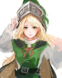 Rule 34 | 1girl, arm up, belt, blonde hair, blush, breasts, brown ribbon, cape, character request, gold trim, green eyes, green tunic, hand on headwear, hands up, high collar, iothree7, knight, lips, long hair, long sleeves, looking at viewer, medium breasts, parted lips, puffy long sleeves, puffy sleeves, ribbon, simple background, sketch, solo, swept bangs, upper body, very long hair, white background